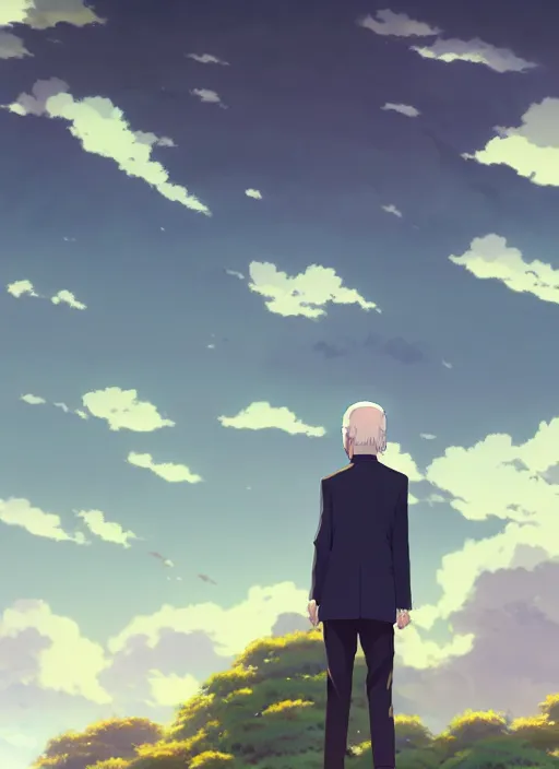 Image similar to portrait of joe biden, cloudy sky background lush landscape illustration concept art anime key visual trending pixiv fanbox by wlop and greg rutkowski and makoto shinkai and studio ghibli