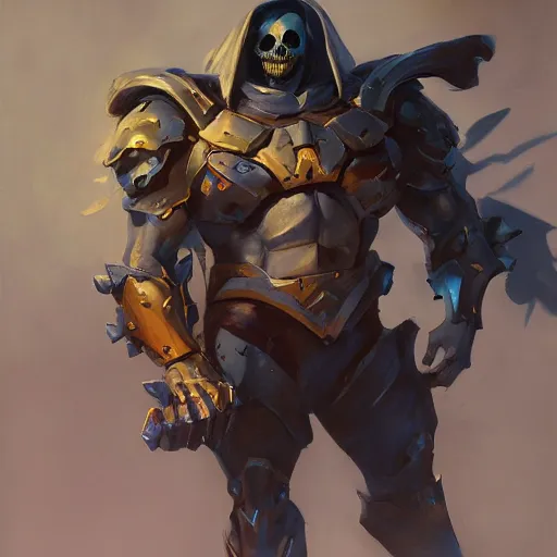 Image similar to greg manchess portrait painting of partially armored powerful skeletor overwatch character, medium shot, asymmetrical, profile picture, organic painting, sunny day, matte painting, bold shapes, hard edges, street art, trending on artstation, by huang guangjian, gil elvgren, ruan jia, greg rutkowski, gaston bussiere