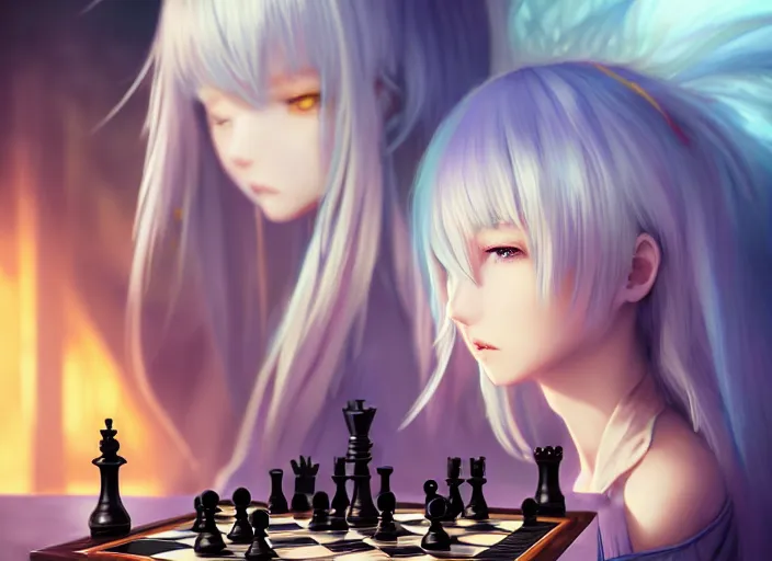 Image similar to beautiful rimuru playing chess, with amber eyes of golden colored eyes, straight hair, sky blue hair, long bangs, high collar, concept art, award winning photography, digital painting, cinematic, by wlop, anime key visual, wlop, 8 k, by ross tran, tom bagshaw, andy warhol