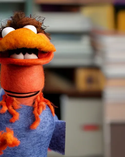 Image similar to oscar nunez as a muppet in the office. highly detailed felt. hyper real photo. 4 k.