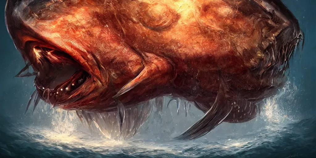 Image similar to giant colossal anglerfish from the depths, concept art, digital illustration, trending on artstation, deviantart, artgerm, epic composition, masterpiece, highly detailed, advanced technique, ambient lighting, wlop, ross draws