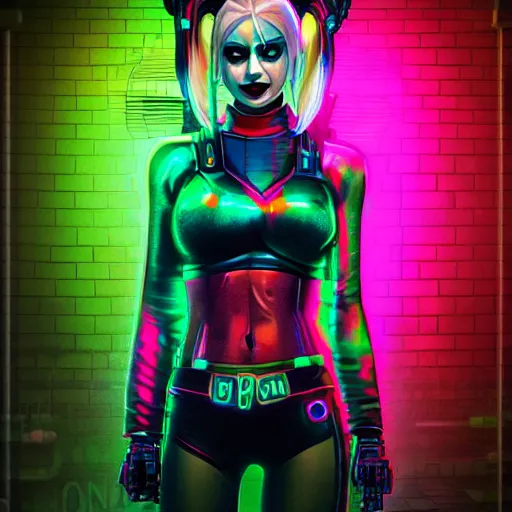 Image similar to harley quinn standing, cyberpunk setting, soft smile, city background, neon signs, nice view, holographic signs, 4k, digital art