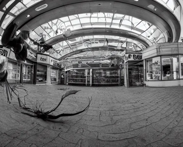 Image similar to camera footage of a giant Mantis in an abandoned shopping mall, high exposure, dark, monochrome, camera, grainy, CCTV, security camera footage, timestamp, zoomed in, fish-eye lense, Preying Mantis,