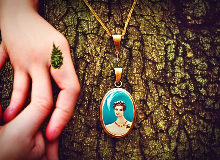 Prompt: hand holding a chain with a hanging tiny open oval rusty golden locket pendant with a retro photo of an elegant and aesthetic woman royalty portrait, on a forest background with bokeh. Retro. Antique. High quality 8k. Intricate. Graflex camera 35mm. sephia. Award winning
