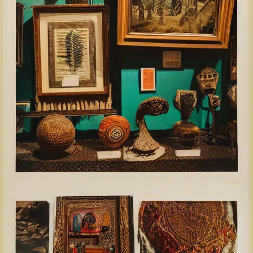 Prompt: An offset photography of an object on display, three colors, anthropology of wonder, exotic artifacts, bauhause, (tropicalism), colonial expedition, exhibition, 60s style