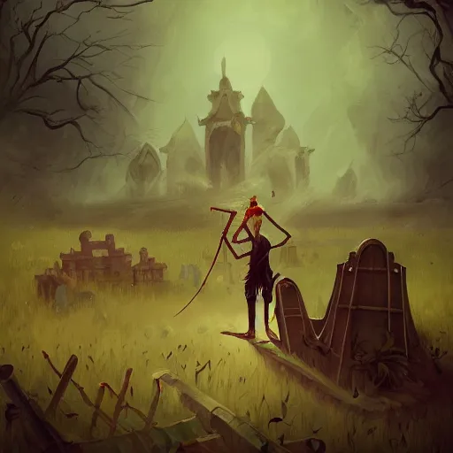 Prompt: Necromancer human with a violin standing in a field of tombs, Stylized illustration, by Peter Mohrbacher, background by Kelly Mckernan