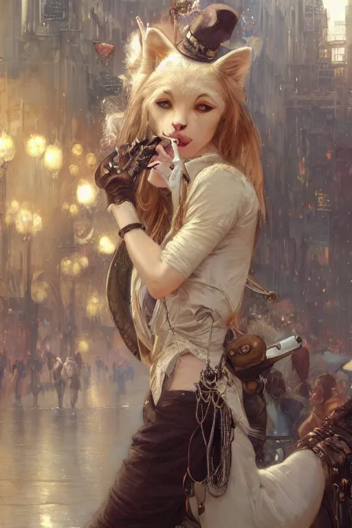 Image similar to beautiful portrait of an attractive white female anthro wolf smoking a cigarette in a bustling crowd of a rainy city street, steampunk, female fursona, 4 k, trending on artstation, by gaston bussiere, craig mullins, artgerm, greg rutkowski, alphonse mucha