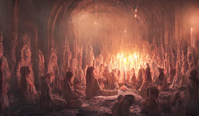 Image similar to hyper-detailed photo of a sacred undead ceremony, 8k, ultra detail, hyperrealism, science-fantasy, concept art, cinematic accent lighting, photographic, soft light, divine proportion, hyper-detailed