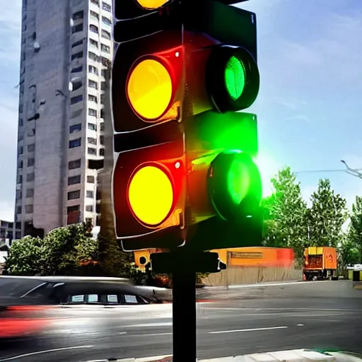 Image similar to a realistic photo of traffic light that uses portals from the video game portal 2 to control traffic by sending vehicle into blue portals and out of organge portals at an intersection