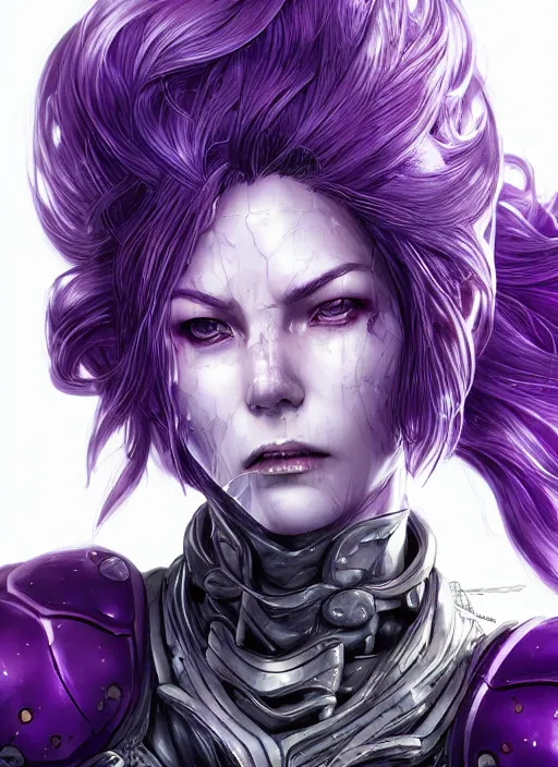 Image similar to close up portrait of a pale woman in amethyst power armor with purple hair, powerful, domineering, stoic, masterful, intense, ultrafine hyperdetailed illustration by kim jung gi, irakli nadar, takuji kawano, intricate linework, sharp focus, octopath traveler, highly rendered, detailed, concept art