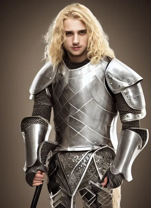 Image similar to handsome young knight with a beautiful face and clear skin, long blond hair, wearing an intricate and detailed plate armor, no helmet, high resolution, clear image, digital art, studio photo, 4 k, clear lines