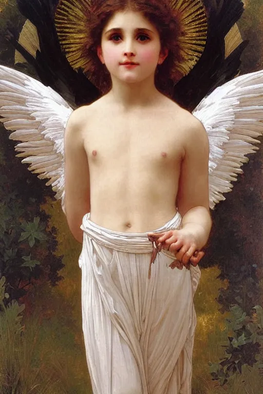 Image similar to painting of a beautiful clothed angel with huge feather wings, intricate, elegant, hyperdetailed by william - adolphe bouguereau and alphonse mucha and john william waterhouse