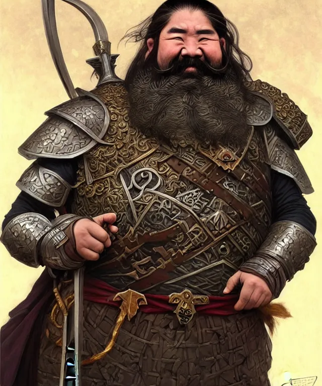 Image similar to old mongolian dwarven general portrait, armored, holding a warhammer, face, long hair, moustache, goatee, fantasy, intricate, elegant, highly detailed, digital painting, artstation, concept art, smooth, sharp focus, illustration, art by artgerm and greg rutkowski and alphonse mucha