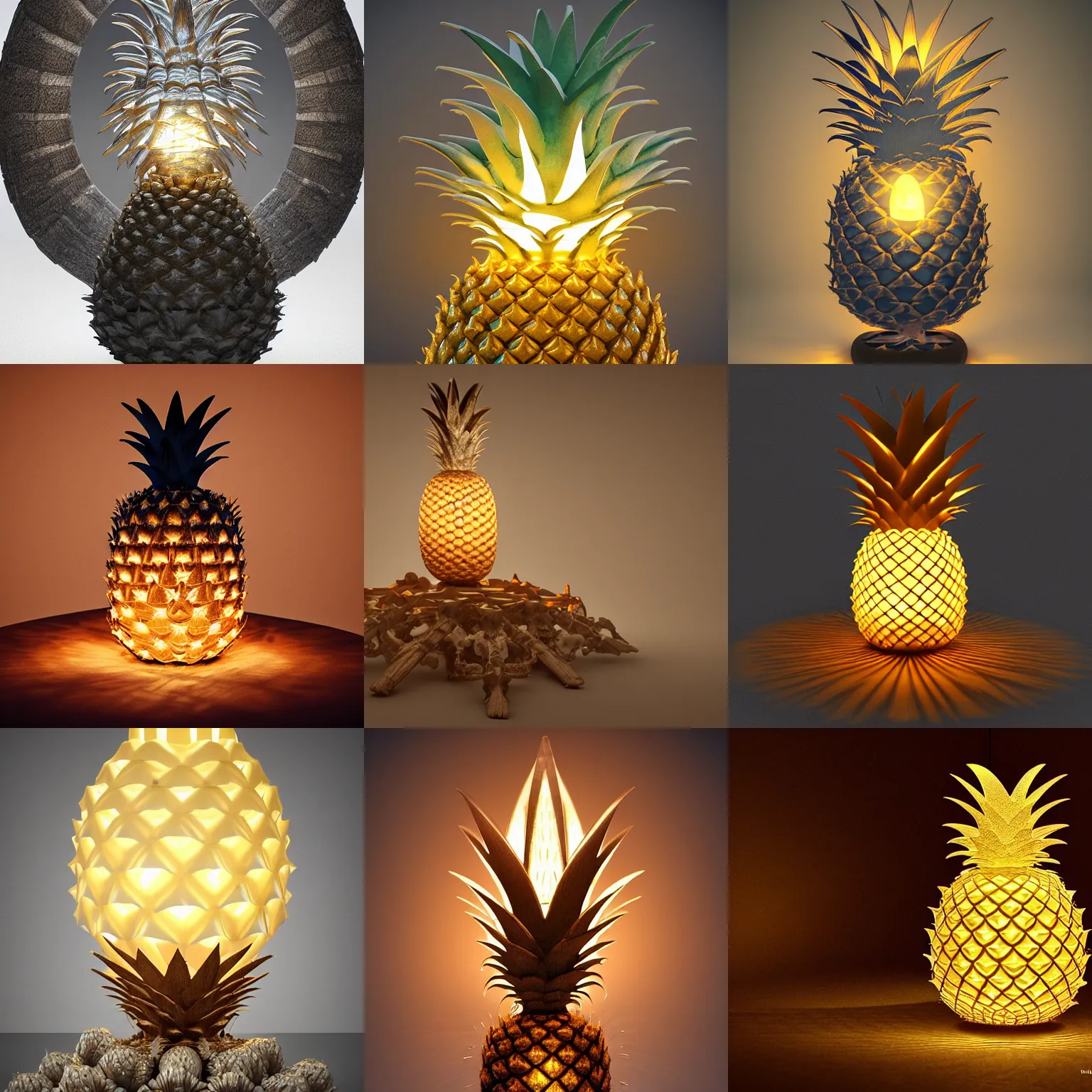 Prompt: a glowing pineapple lamp on an alter made of bones, by wojciech siudmak by eiq, cgsociety, glowing swirling mist, candles, epic lighting, render
