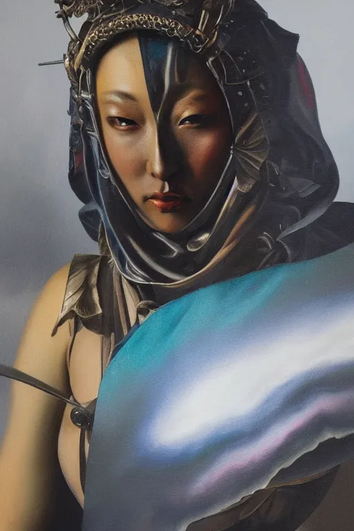 Image similar to hyperrealism oil painting, close - up portrait of medieval fashion model, warrior, steel gradient mixed with nebula sky, in style of baroque mixed with 7 0 s japan book art