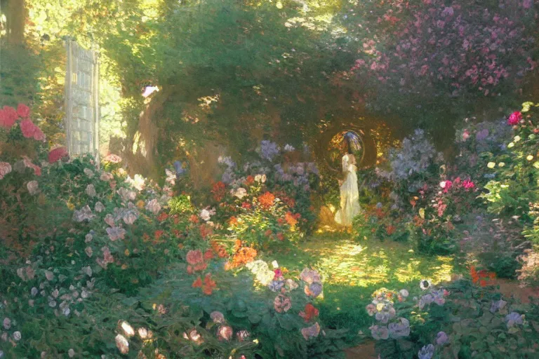 Image similar to a beautiful painting of a garden, ray of light, warm, shimmering and prismatic, rococo, by krenz cushart and mucha and monet, trending on artstation.