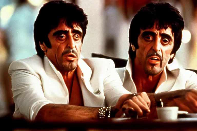 Prompt: face portrait of tony montana from movie scarface 1 9 8 3 sitting behind a big black oak table with big large packages of flour. al pacino. perfect symmetric face, coherent eyes, ron cobb, fine details, cinestill, 4 k. last scene from scarface movie, bokeh