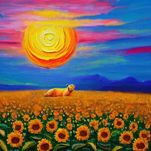 Prompt: Impasto painting of a polar bear in a field of sunflowers over a sunset, ayahuasca