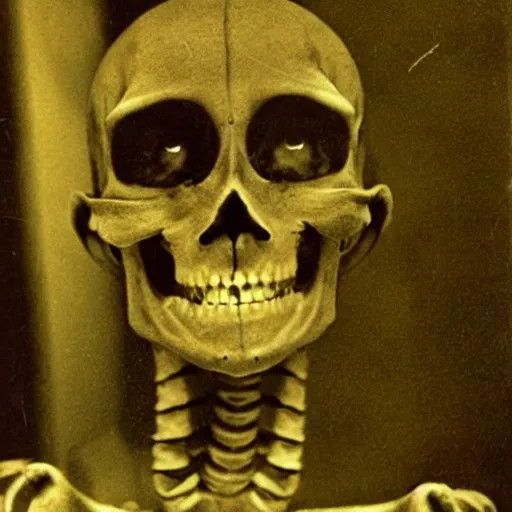 Image similar to crooked teeth, black eyes, gaping mouth, skeleton like, alien looking, skull like, big forehead, horrifying, killer, creepy, dead, monster, tall, skinny, open mouth, deathly, old photo, turning yellow