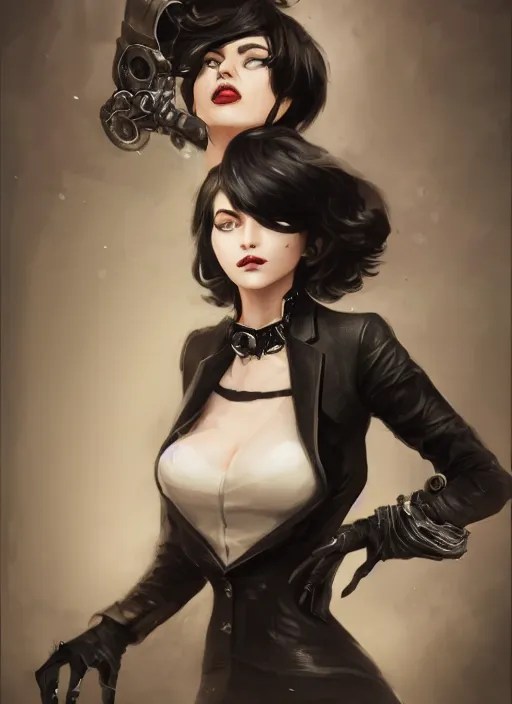 Image similar to a highly detailed illustration of beautiful short black messy haired woman wearing eyepatch and noir style suit and tie, dramatic smiling pose, intricate, elegant, highly detailed, centered, digital painting, artstation, concept art, smooth, sharp focus, league of legends concept art, WLOP