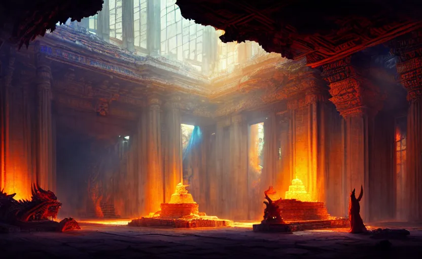 Prompt: The interior of an mytical and ancient temple dragons, in ruins, fire light, a ray of blue light, intricate, elegant, volumetric lighting, digital painting, highly detailed, artstation, sharp focus, illustration, concept art, ruan jia, steve mccurry