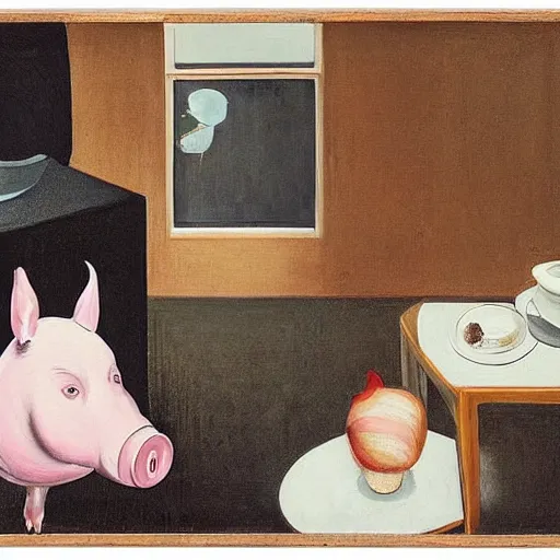 Image similar to “a portrait in an art student’s apartment, a feminine pig in a rotenburo, hakone, pork, ikebana white flowers, white wax, squashed berries, acrylic and spray paint and oilstick on canvas, by munch and Dali”