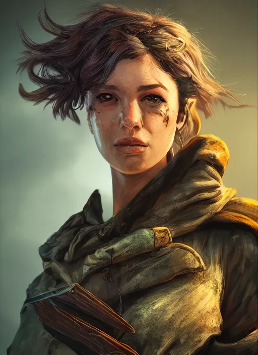 Prompt: A fantasy comic book style portrait painting of a female ranger in a grim post apocalyptic setting, unreal 5, DAZ, hyperrealistic, octane render, RPG portrait, dynamic lighting