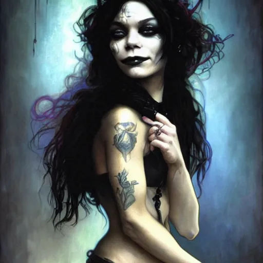 Image similar to beautiful portrait of vanessa hudgens as death from sandman, smiling, by cedric peyravernay, alphonse mucha, by jeremy mann, by lecouffe deharme, goth chic, soft lightning, eyeliner, punk rock, high detailed, 8 k