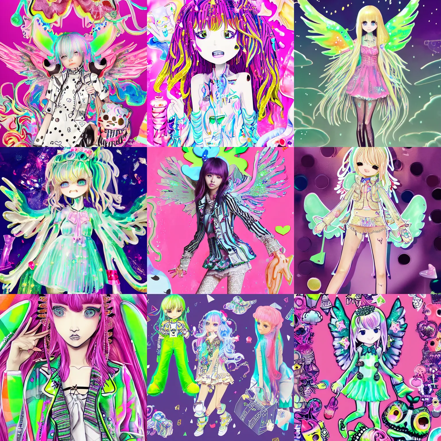 Prompt: burberry angel in disguise, watercolor slimy slime drenched skinny divine holy skellington being of glitter glue, pastel cute slime, 3 d polygon ui of neon ornamental rococo frames, maximalist decora gyaru sanrio pixar concept art