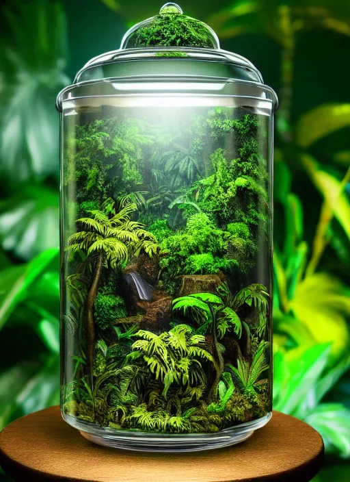 Prompt: a lush jungle landscape inside a ornate glass jar, hyper realistic, 7 5 mm lens, studio lighting, jurassic world