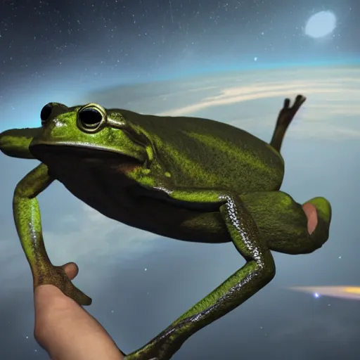 Image similar to frogman corps in space waving hi, unreal engine 6, 4 k, hyper realistic, extremely detailed, coherent,.