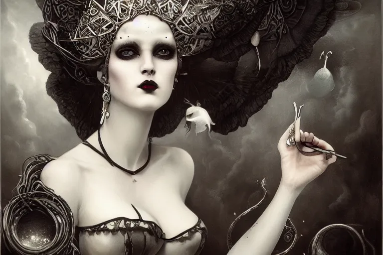 Prompt: By Tom Bagshaw, ultra realist soft painting of curiosities carnival by night, eyes shut very beautiful horn single female gothic wearing corset , symmetry accurate features, very intricate details, omnious sky, black and white, volumetric light clouds