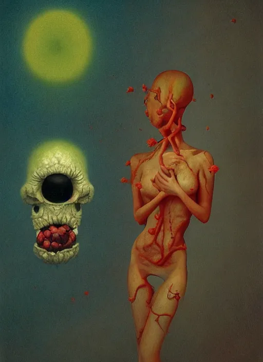 Image similar to She Eats of the Strangling Fruit and Her polyp blossoms bring iridescent fungal flowers whose spores black the foolish stars Edward Hopper and James Gilleard, Zdzislaw Beksinski, Mark Ryden, Wolfgang Lettl highly detailed