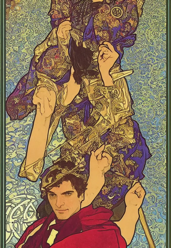 Image similar to Yoshua Bengio as the emperor on a tarot card, tarot in art style by Alphonse Mucha