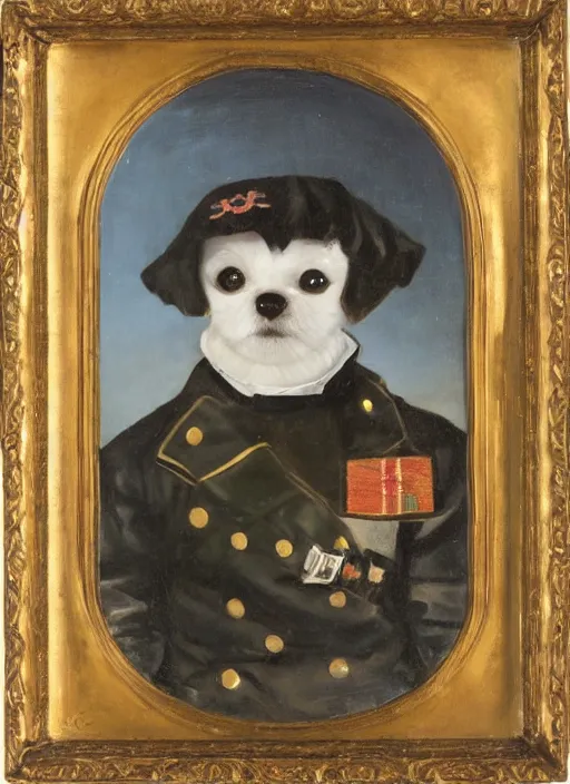 Image similar to an oil portrait of a little dog dressed as a 1 9 th century german general