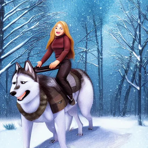 Image similar to girl riding on a giant husky in a snowy park, trending on art station