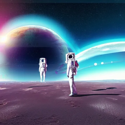 Prompt: A wide angle shot from below of a female astronaut with a feminine body walking with swagger towards camera on mars in an infinite universe , synthwave digital art