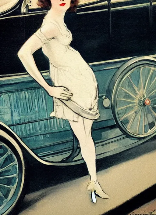 Prompt: a painting of a woman posing in front of a 1920's car by Louis Icart, highly detailed, masterpiece, trending on ArtStation, ultra realistic