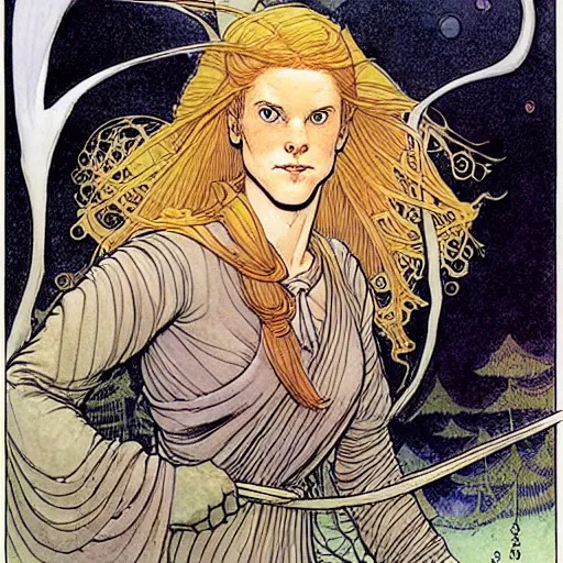 Image similar to a beautiful portrait of sanna!!!!! marin!!!!!, the young female prime minister of finland as a druidic wizard by rebecca guay, michael kaluta, charles vess and jean moebius giraud