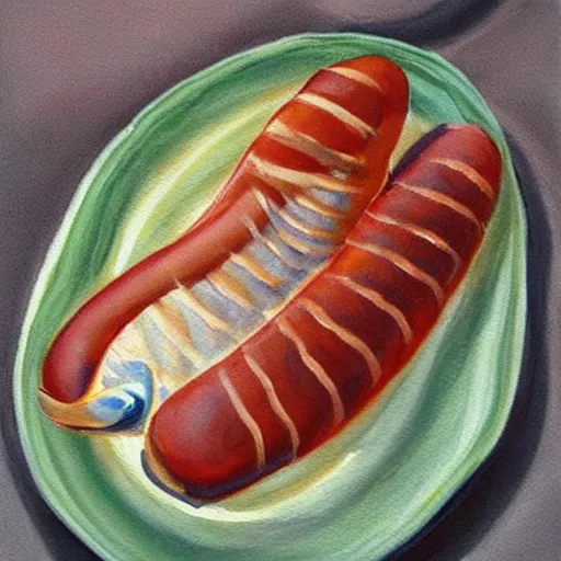 Image similar to realistic painting of a fish transforming into a sausage, presentation on a plate, mid - transform