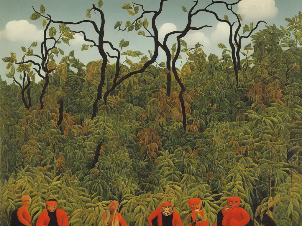 Image similar to Painting by Henri Rousseau depicting people wearing wild, tribal masks in an Icelandic sublime landscape.