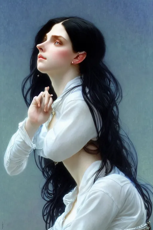 Image similar to ultra realistic, Beautiful black haired woman, Porcelain white complexion, big blue eyes, cute small lips., wearing jeans and white blouse, whip in hand, intricate details, eerie, highly detailed, octane render, 8k, art by artgerm and alphonse mucha and greg rutkowski