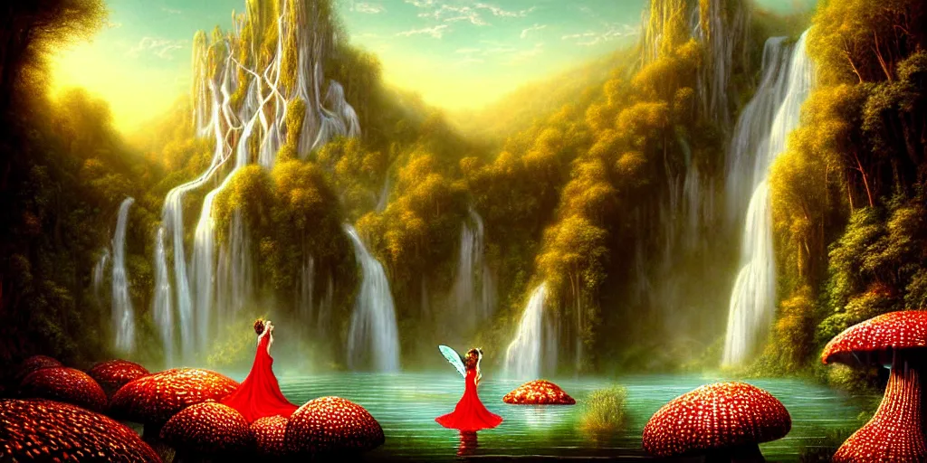 Image similar to an elegant fairy queen in a red lace dress dancing looking out at a lord of the rings scenery landscape, vast lush valley flowers and giant mushroom structures, waterfall falling into a clear lake, river, sunrise, god's rays highly detailed, vivid colour, soft clouds, floral sunset, cinematic lighting, perfect composition, gustave dore, derek zabrocki, greg rutkowski