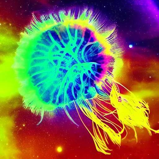 Image similar to psychedelic lions mane jellyfish swimming through space, colorful, nebula, concept art, universe, cinematic, 8 k,