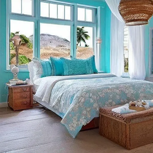 Image similar to a beautiful bedroom, beach aesthetic