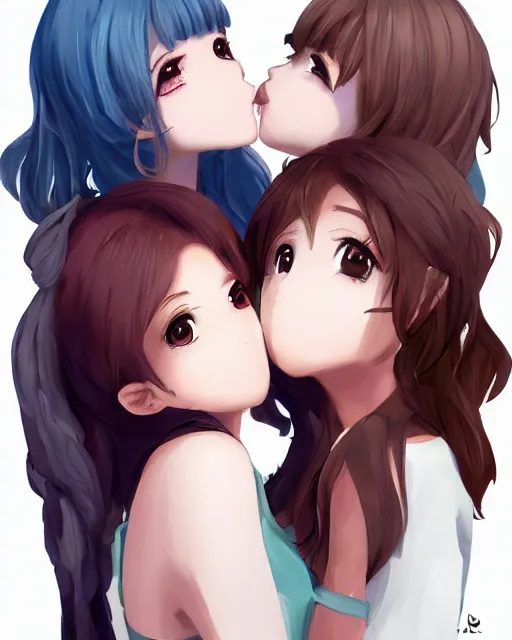 Image similar to portrait of two girls kissing, anime, trending on Artstation