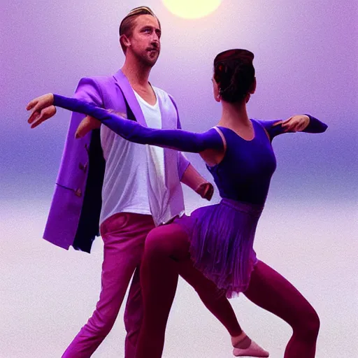 Image similar to ryan gosling dancing ballet, robotic clothes in the beach purple sun, dancing ballet, pink lighting ultra realistic photorealistic highly detailed high quality, a stunningly, digital painting, artstation, concept art, smooth, sharp focus, illustration, art by artgerm and greg rutkowski and alphonse mucha 8 k