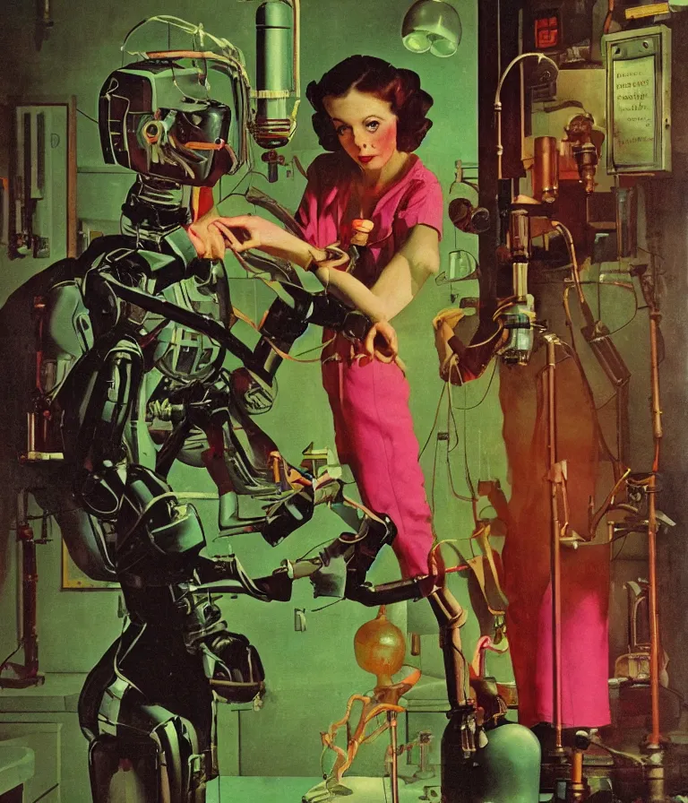 Image similar to a female mad scientist building a humanoid robot, in a darkly lit laboratory room, 1 9 5 0 s horror movie poster style, norman rockwell oil painting, close - up shot, retro science fiction, vintage, saturated pink and green lighting, shadowy lighting, cohesive