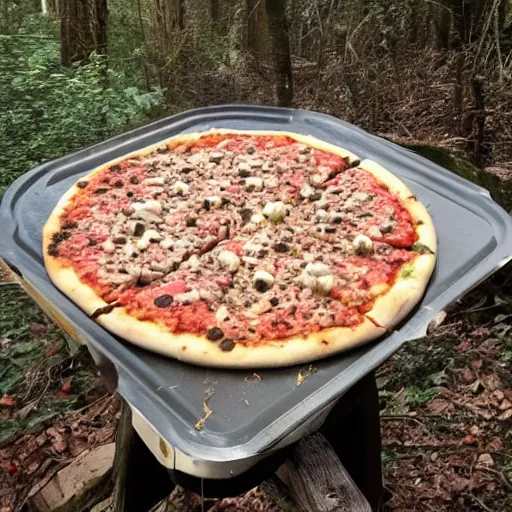 Prompt: photo of opossum pizza party in the woods