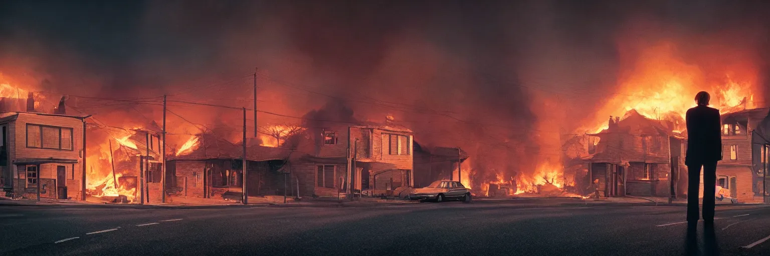 Prompt: detailed medium format photo, cinema still from a 9 0's scandinavian movie, sleazy man watching night streets while a single house burns in the background, haze, high production value, intricate details, 8 k resolution, hyperrealistic, hdr, photorealistic, high definition, tehnicolor, award - winning photography, masterpiece, amazing colors